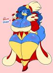 anthro avian big_breasts bird blue_body blue_eyes blue_hair breasts cape clothing crossgender female footwear hair hat headgear headwear hi_res king_dedede kirby_(series) kirby_and_the_forgotten_land lewdchuu_(artist) nintendo penguin shoes solo tail thick_thighs