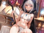  1girl bare_arms bare_shoulders bikini blue_eyes blurry blush breasts brooch cape closed_mouth depth_of_field highres holding holding_staff hood hooded_cape jewelry loincloth long_hair looking_at_viewer naughty_face navel original pelvic_curtain shiitake_taishi sitting small_breasts smile solo staff stomach swimsuit thighs white_bikini white_hair 