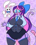 anthro arbok blue_eyes bottomwear breasts clothing duo eyewear female gala_(lewdchuu) generation_1_pokemon generation_3_pokemon glasses hair hi_res hybrid lagomorph legwear leporid lewdchuu_(artist) mammal necktie nintendo paimon_(lewdchuu) pokemon pokemon_(species) purple_body purple_hair rabbit seviper shirt skirt stockings tail topwear uniform