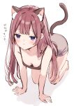  1girl :&lt; absurdres all_fours animal_ears arm_support bare_shoulders barefoot black_tank_top blue_eyes blush breasts breasts_apart brown_hair cat_ears cat_tail closed_mouth collarbone dot_nose fake_animal_ears fake_tail grey_shorts highres long_bangs looking_ahead original shadow shirt shorts sidelocks simamura_hibari simple_background sleeveless sleeveless_shirt small_breasts solo tail tank_top white_background 