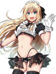  1girl alternate_costume blonde_hair blue_eyes breasts commentary_request goblin_slayer! groin highres kankitukou long_hair looking_at_viewer maid maid_headdress navel open_mouth panties priestess priestess_(goblin_slayer!) revealing_clothes ribbon see-through see-through_skirt skirt small_breasts smile solo stomach striped_clothes striped_panties thighhighs thighs underwear waving 
