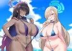  alternate_body_size alternate_breast_size amogan areola_slip asuna_(blue_archive) blonde_hair blue_archive blue_halo blush breasts commentary commentary_request commission day halo highres huge_breasts ice_cream_cone karin_(blue_archive) long_hair navel pixiv_commission plump slingshot_swimsuit swimsuit thick_thighs thighs yellow_eyes 