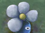  black_eyes blue_pikmin blue_skin colored_skin commentary_request flower green_background looking_at_viewer naru_(wish_field) no_humans one_eye_covered pikmin_(creature) pikmin_(series) portrait simple_background solo straight-on white_flower 
