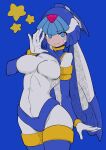  1girl absurdres android blue_eyes blush bodysuit breasts buzzlyears clothes_lift covered_navel crop_top fairy_leviathan_(mega_man) forehead_jewel helmet highres large_breasts looking_at_viewer mega_man_(series) mega_man_zero_(series) shirt_lift solo white_bodysuit 
