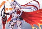  1girl ahoge armor armored_boots armored_dress blue_eyes boots breasts cape cowboy_shot daidailong earrings gauntlets hand_on_own_hip highres holding holding_sword holding_weapon honkai_(series) honkai_impact_3rd jewelry kiana_kaslana kiana_kaslana_(herrscher_of_flamescion) long_hair looking_at_viewer open_mouth solo sword very_long_hair weapon white_cape white_hair 