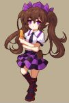  1girl black_necktie black_socks brown_background brown_hair edz_drawz full_body geta hat himekaidou_hatate holding holding_phone looking_at_viewer necktie phone pixel_art plaid plaid_skirt pointy_ears purple_eyes purple_headwear shirt short_sleeves skirt socks solo tokin_hat touhou twintails white_shirt 