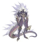  1boy animal_feet animal_hands black_sclera blonde_hair claws colored_sclera covered_mouth digitigrade dragon_boy dragon_horns dragon_tail floating_hair full_body gradient_hair highres horns leviair long_hair looking_at_viewer male_focus monster_boy multicolored_eyes multicolored_hair original pointy_ears purple_hair purple_scales red_eyes scales simple_background solo standing tail very_long_hair white_background yellow_eyes 