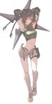  1girl armpits arms_up black_hair brown_eyes crop_top cropped_sweater decoponmagi final_fantasy final_fantasy_vii final_fantasy_vii_rebirth final_fantasy_vii_remake forehead_protector full_body green_sweater headband highres holding holding_shuriken holding_weapon looking_at_viewer navel open_fly short_hair shuriken sleeveless sleeveless_turtleneck solo stomach sweater turtleneck weapon yuffie_kisaragi 