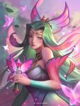  1girl bare_shoulders blurry blurry_background breasts bug butterfly circlet dark_duck detached_collar detached_sleeves dress faerie_court_seraphine green_eyes green_hair hair_ornament highres holding holding_microphone large_breasts league_of_legends lips long_hair looking_at_viewer microphone multicolored_hair pink_hair seraphine_(league_of_legends) solo strapless strapless_dress two-tone_hair 