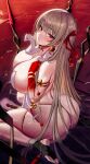  1girl absurdres armlet ass bare_shoulders blush breasts cleavage colored_skin durga_(fate) earrings fate/grand_order fate_(series) feet from_above grey_hair hair_ornament hair_ribbon highres huge_breasts jewelry kook long_hair looking_at_viewer multicolored_skin parted_lips partially_submerged red_eyes red_ribbon red_skin ribbon sitting skindentation soles solo toes wariza water 