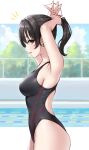  1girl black_hair black_one-piece_swimsuit brown_eyes competition_swimsuit cowboy_shot highleg highleg_swimsuit highres holding holding_hair looking_at_viewer medium_hair ncontrail_(mgax7527) one-piece_swimsuit original ponytail profile rubber_band solo swimsuit 