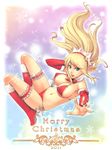  bikini blonde_hair blue_eyes boots breasts bridal_gauntlets christmas covered_nipples dan_(kumadan) foreshortening hat highres janna_windforce large_breasts league_of_legends long_hair looking_at_viewer open_mouth pointy_ears santa_boots shiny shiny_skin side-tie_bikini solo strap_gap swimsuit 