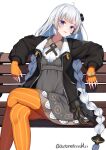  1girl :d absurdres arm_rest bench black_jacket blue_eyes blush breasts crossed_legs dress fingerless_gloves gloves hair_ornament hands_up head_tilt headset highres jacket kizuna_akari leaning_back long_hair looking_at_viewer m-&gt;g medium_breasts on_bench open_clothes open_jacket orange_gloves pantyhose park_bench parted_lips smile solo striped_clothes striped_gloves striped_pantyhose twintails unzipped vertical-striped_clothes vertical-striped_gloves vertical-striped_pantyhose very_long_hair vocaloid white_hair 