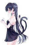  1girl animal_ears ass bandaged_tail bare_arms bare_shoulders bendy_straw black_dress black_hair blue_eyes blush bottle breasts cat_ears cat_girl cat_tail choker collarbone cowboy_shot dress drinking_straw drinking_straw_in_mouth ears_down extra_ears eyelashes food_on_body food_on_breasts from_side hairband hands_up highres holding holding_bottle lace-trimmed_dress lace_trim long_hair milk_bottle multiple_tails no_bra no_panties original paraffin profile ringed_eyes see-through_silhouette sideways_glance sleeveless sleeveless_dress small_breasts spill strap_slip tail tail_raised twintails two_tails very_long_hair 