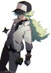  1boy bangle black_headwear bracelet clenched_hand closed_mouth collared_shirt commentary_request cube green_eyes green_hair grey_pants hat jewelry long_hair male_focus meiji_ken n_(pokemon) necklace pants pokemon pokemon_bw shirt smile solo standing undershirt white_shirt 