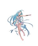 1girl ahoge barefoot blue_eyes blue_hair bracelet breasts bridal_gauntlets dress feet full_body granblue_fantasy granblue_fantasy:_relink jewelry knees_together_feet_apart legs long_hair lyria_(granblue_fantasy) minaba_hideo official_art second-party_source solo thigh_strap toenails toes transparent_background white_dress 