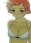  1girl bare_arms bare_shoulders bikini bikini_top_only commentary_request earrings green_eyes jewelry kumatora looking_at_viewer mother_(game) mother_3 pink_eyebrows pink_hair senntakuya short_hair solo swimsuit upper_body white_bikini 