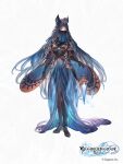  1girl animal_ears black_hair breasts copyright_name erune floating floating_object full_body gloves granblue_fantasy granblue_fantasy:_relink hat high_heels highres historiath_(granblue_fantasy) logo long_hair minaba_hideo official_art second-party_source solo veil yellow_eyes 