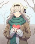 1girl bare_tree black_hairband blue_eyes blue_pupils blue_ribbon bow box box_of_chocolates brown_jacket closed_mouth cow dot_nose firefly_(honkai:_star_rail) green_scarf grey_hair grey_sky hair_between_eyes hair_bow hair_intakes hair_ribbon hairband heart-shaped_box highres holding holding_box honkai:_star_rail honkai_(series) jacket junachi long_hair long_sleeves open_clothes open_jacket outdoors overcast ribbon scarf sidelocks signature sky sleeves_past_wrists smile snowing solo straight-on sweater tree valentine white_bow white_sweater winter 