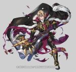  armor axe black_armor black_footwear black_gloves blonde_hair cape copyright_name crown fire_emblem fire_emblem_fates fire_emblem_heroes fur_trim gloves holding holding_axe holding_polearm holding_weapon king official_alternate_costume official_art p-nekor polearm red_eyes torn_clothes weapon xander_(fire_emblem) xander_(gallant_king)_(fire_emblem) 