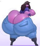 absurd_res anthro areola big_breasts big_butt black_hair boots bottomwear breasts butt clothed clothing deltarune dinosaur female footwear freckled_butt freckles hair hi_res huge_breasts huge_butt huge_hips huge_thighs hyper hyper_butt looking_at_viewer looking_back narrowed_eyes nipples pants pink_areola pink_nipples purple_body raised_clothing raised_shirt raised_topwear reptile scalie schplingnops shirt side_boob solo susie_(deltarune) thick_thighs topwear undertale_(series) vest wide_hips