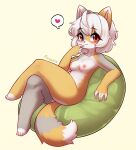 anthro arcanis_(hahaluckyme) areola bean_bag blush calico_cat domestic_cat felid feline felis female fur grey_body grey_fur hair hi_res jupiter_europe looking_at_viewer mammal nipples nude pink_areola pink_nipples red_eyes smile solo white_body white_fur white_hair yellow_body yellow_fur