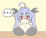  ... ahoge blue_hair blush breast_rest breasts hair_ribbon huge_breasts original red_eyes ribbon twintails 