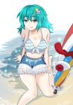  :q beach bikini blue_bikini blue_eyes blue_hair breasts cleavage closed_mouth commentary_request frilled_bikini frills hair_ornament heterochromia highres karakasa_obake large_breasts looking_at_viewer medium_hair outdoors red_eyes shell_hair_ornament smile star_(symbol) star_hair_ornament swimsuit tatara_kogasa tatara_kogasa_(beach_umbrella_castaway) tongue tongue_out touhou touhou_lost_word umbrella wading yamutya6rouga 