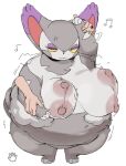 anthro areola belly big_breasts biped black_nose bodily_fluids bouncing_breasts breasts dancing digital_media_(artwork) disembodied_hand eyeshadow felid female fingers fur generation_4_pokemon grey_body grey_fur half-closed_eyes haramikarubi huge_breasts makeup mammal markings meme multicolored_body multicolored_fur musical_note narrowed_eyes nintendo nipples nude overweight overweight_anthro overweight_female paws pink_areola pink_nipples pokemon pokemon_(species) purugly simple_background solo_focus standing sweat thick_thighs tuft two_tone_body whiskers white_body white_fur yellow_eyes yellow_sclera