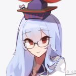  2girls blue_hair blue_headwear collarbone fujiwara_no_mokou glasses hair_between_eyes kaliningradg kamishirasawa_keine long_hair lowres multiple_girls portrait red_eyes smile touhou 