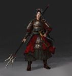  1girl absurdres armor black_background black_hair cape chinese_armor chinese_empire fangtian_ji green_cape han_dynasty hand_on_own_hip highres holding holding_polearm holding_weapon illustrator_noob ji_(weapon) lamellar_armor looking_at_viewer lu_ji polearm romance_of_the_three_kingdoms shoulder_armor solo standing total_war:_three_kingdoms weapon 