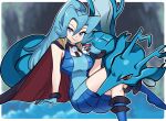  1girl absurdres blue_bodysuit blue_cape blue_eyes blue_hair blue_skin blurry blurry_background bodysuit border breasts cape clair_(pokemon) closed_mouth colored_skin commentary english_commentary eyelashes fish hair_between_eyes high_ponytail highres holding holding_poke_ball invisible_chair kingdra large_breasts long_hair looking_at_viewer missandydandy outside_border poke_ball poke_ball_(basic) pokemon pokemon_(creature) pokemon_hgss red_cape red_eyes seahorse sitting smile two-sided_cape two-sided_fabric two-tone_cape white_border 
