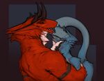 2024 abstract_background allanthesergal52_(artist) anthro claws duo french_kissing fur holding_neck holding_waist horn kissing male male/male muscular neck_tuft open_mouth raised_tail sergal sharp_teeth tail teeth tongue tongue_out tuft
