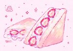  commentary_request cream dated food food_focus fruit highres kiato no_humans original pink_background signature simple_background sparkle strawberry strawberry_sandwich strawberry_slice 