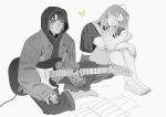 2girls absurdres androgynous artist_name audio_cable barefoot black_nails blunt_bangs blush cable closed_eyes crossed_ankles crossed_arms earrings electric_guitar feet fender_stratocaster full_body greyscale guitar head_tilt heart highres hood hood_up hoodie indian_style instrument jacket jewelry kininatteru_hito_ga_otoko_ja_nakatta knees_up koga_mitsuki lais_leite looking_at_another monochrome multiple_girls multiple_rings nail_polish on_floor oosawa_aya pants paper ring sheet_music sitting skirt smile spot_color sweater_vest toenail_polish toenails 