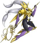  armor breasts digimon fox_mask gloves grey_hair holding holding_staff huge_breasts japanese_clothes long_hair mask non-web_source purple_footwear purple_lips sakuyamon staff 