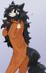 &lt;3 absurd_res anthro black_body black_fur black_hair blush bone canid canine canis clothed clothing digital_media_(artwork) female fluffy fluffy_tail fur glowing glowing_eyes grey_background hair hi_res long_hair looking_at_viewer mal0 mammal monster muraca orange_clothing prison_uniform prisoner scp-1471 scp-1471-a scp_containment_breach scp_foundation simple_background skull skull_head smile solo tail teeth tuft