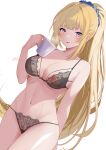  1girl absurdres bare_shoulders black_bra blonde_hair blush bra breasts cleavage coffee_mug collarbone cup hair_ornament high_ponytail highres karuizawa_kei lace lace-trimmed_bra lace-trimmed_panties lace_trim large_breasts lingerie long_hair looking_at_viewer mug navel nipples open_mouth panties ponytail purple_eyes simple_background solo swimsuit thighs twitter_username underwear underwear_only white_background xueli_shimazaki youkoso_jitsuryoku_shijou_shugi_no_kyoushitsu_e 