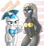  big_breasts bikini black black_eyes black_skin blue blue_eyes blue_hair breasts clothed clothing duck_dodgers female hair jenny_wakeman long_hair long_white_hair machine mechanical my_life_as_a_teenage_robot navel pigtails queen_tyr&#039;ahnee queen_tyr'ahnee robot skimpy swimsuit tight_clothing white white_body white_hair xjkenny 