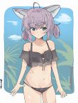  1girl ahoge animal_ears arknights arms_at_sides bikini black_bikini blue_eyes blue_sky blush border breasts cleavage closed_mouth cloud collarbone cowboy_shot dot_nose enunomiya fox_ears fox_girl grey_hair hair_between_eyes highres legs_apart looking_to_the_side low_twintails navel outside_border palm_tree short_hair short_twintails sidelocks sideways_glance sky small_breasts solo stomach sussurro_(arknights) sussurro_(summer_flower)_(arknights) swimsuit thighs tree twintails twitter_username white_border 