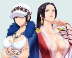  2girls arm_tattoo black_hair blue_eyes boa_hancock breast_tattoo breasts cape cleavage closed_mouth commentary_request covered_nipples crop_top crossed_arms earrings epaulettes eyelashes frown fur_cape fur_hat genderswap genderswap_(mtf) grey_eyes hand_on_own_chin hand_tattoo hat highres jewelry large_breasts lips long_hair long_sleeves looking_at_viewer multiple_girls one_piece parted_lips pink_lips pink_nails shinto_s short_hair simple_background snake_earrings tank_top tattoo teeth trafalgar_law twitter_username upper_body white_cape white_tank_top 