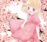  1girl branch cherry_blossoms child dress flower-shaped_pupils happy kohori looking_at_viewer medium_hair mother_(game) mother_2 paula_(mother_2) petals pink_dress pink_eyes smile solo symbol-shaped_pupils 
