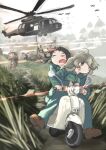  2girls 5afvb aircraft airplane aqua_eyes black_hair blonde_hair brown_footwear chito_(shoujo_shuumatsu_ryokou) firing grass green_pants green_shirt helicopter highres military_uniform motor_vehicle multiple_girls pants riding scooter shirt shoujo_shuumatsu_ryokou soldier uniform war yuuri_(shoujo_shuumatsu_ryokou) 