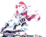 1girl armor breastplate cherche_(fire_emblem) fire_emblem fire_emblem_awakening highres holding holding_polearm holding_weapon looking_to_the_side polearm red_eyes red_hair samo_game smile solo upper_body weapon 