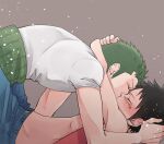  2boys aco_peda arms_around_neck black_eyes black_hair blush boy_on_top closed_eyes couple from_side green_hair grey_background haramaki kiss lying male_focus monkey_d._luffy multiple_boys on_back one_piece open_clothes profile roronoa_zoro scar scar_on_cheek scar_on_face shirt short_hair sideburns simple_background tight_clothes tight_shirt upper_body white_shirt yaoi 