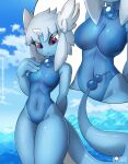 anthro breasts clothing dragonair female generation_1_pokemon hi_res horn nintendo one-piece_swimsuit pokemon pokemon_(species) rilex_lenov solo swimwear thick_thighs thought_bubble water wave wide_hips