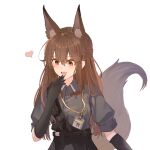  1girl animal_ear_fluff animal_ears arknights belt black_belt black_gloves black_skirt breasts brown_hair buttons collared_shirt commentary elbow_gloves fox_ears fox_girl fox_tail franka_(arknights) gloves grey_shirt hair_between_eyes hand_up heart highres id_card long_hair looking_to_the_side medium_breasts open_mouth orange_eyes pocket puffy_short_sleeves puffy_sleeves shirt short_sleeves sidelocks simple_background skirt smile solo standing suzubotan tail tongue white_background 