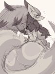 absurd_res anthro big_breasts big_butt black_body black_fur blush breasts butt female fur generation_5_pokemon hair hi_res looking_at_viewer looking_back looking_back_at_viewer multicolored_hair nintendo nyaswitchnya pokemon pokemon_(species) solo tail tuft zoroark