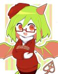  1girl beret border colored_skin commentary demon_girl demon_horns demon_tail demon_wings flower funamusea funamusea_(style) green_background green_hair haiiro_teien hair_between_eyes hat horns looking_at_viewer official_style open_mouth orange_background orange_eyes outline red-framed_eyewear red_flower red_headwear red_sweater semi-rimless_eyewear sennin_(omega-zeus) shirt sidelocks single_horn smile solo striped_background sweater tail turtleneck white_border white_outline white_shirt white_skin wings yosafire_(haiiro_teien) 