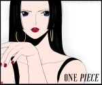  1girl black_border black_hair blue_eyes boa_hancock border chris_re5 close-up commentary copyright_name earrings eyelashes hime_cut instagram_username jewelry long_hair one_piece red_nails simple_background solo twitter_username 